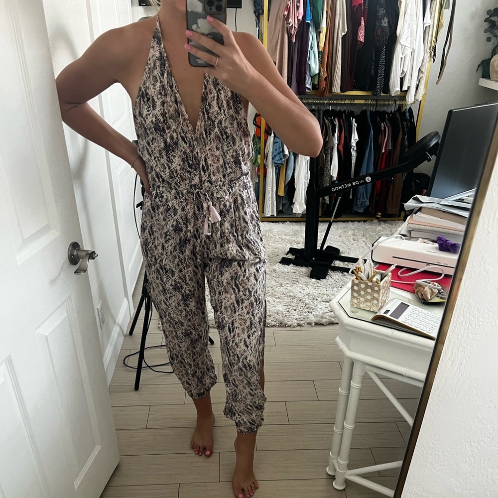 Olivaceous snakeskin print halter jumpsuit